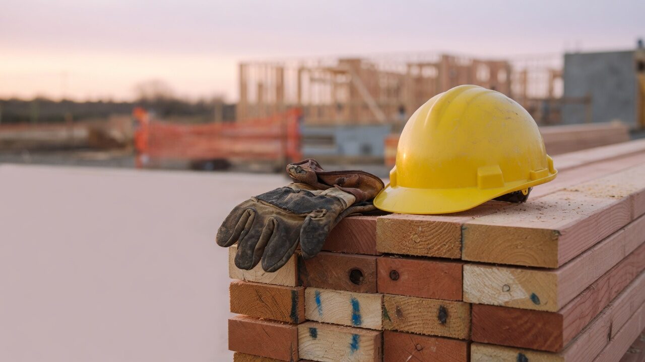 Hard hat and work gloves on lumber at a job site